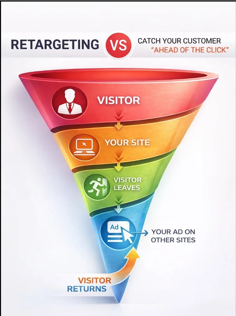 Infographic illustrating retargeting funnel where visitor leaves website, sees ads on other sites, and returns to convert.